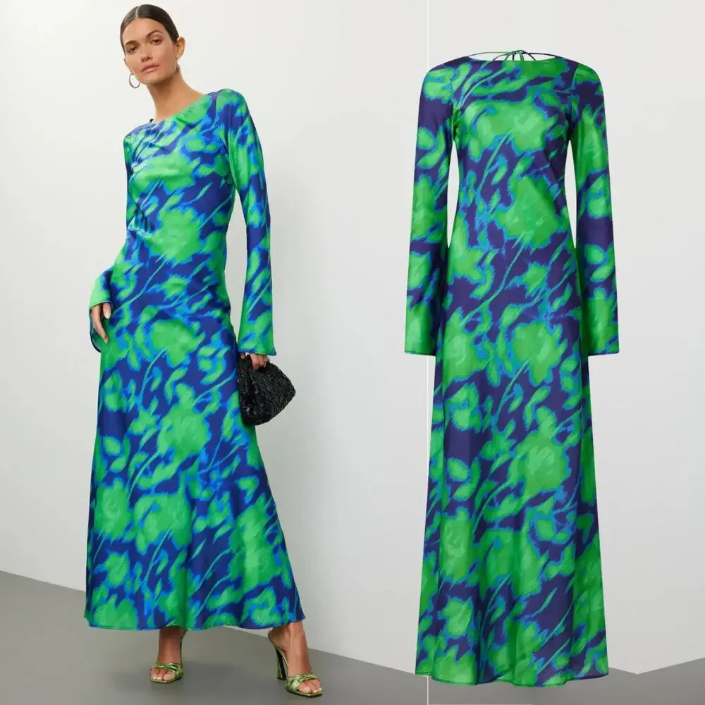The Wolf Gang Dress Calypso Green Blue Abstract Long Sleeve Maxi Dress Size M - Picture 1 of 12
